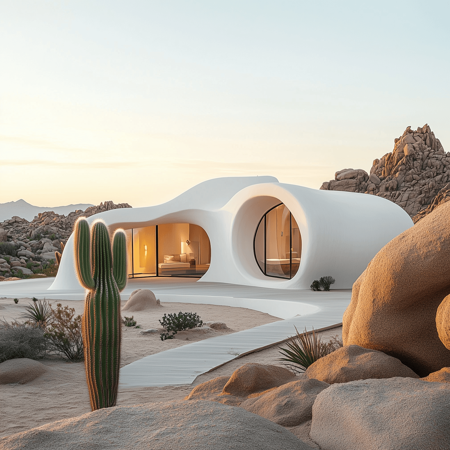 Curved white futuristic house in the desert at sunset